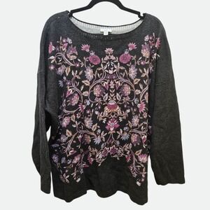 J Jill Womens Sweater Enchanted Florals 2X Charcoal Boat Neck Knit
